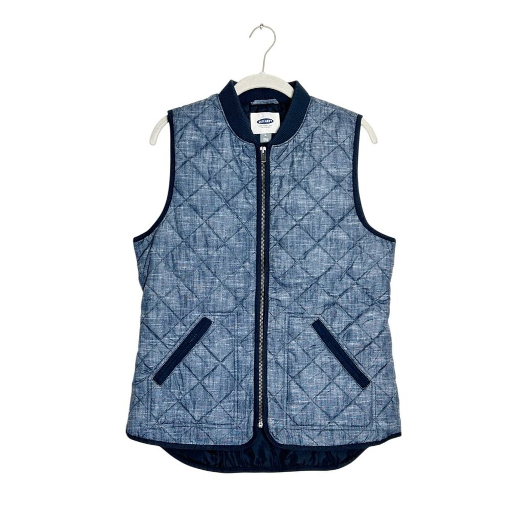 Old Navy Women's Rib Collar Quilted Chambray Print Vest in Blue - Sz M
